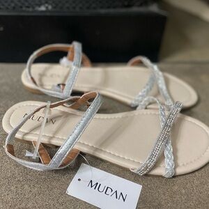 MUDAN Womens Shoe Flat Braided & Rhinestone Comfortable Slingback Sandal size 8